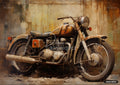 A painted image of an old, rusty motorcycle with a large headlight and exhaust pipe, against a distressed, textured wall.