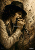 Sepia-toned artwork of a person in a hat, singing passionately into a mic with musical notes swirling around them.