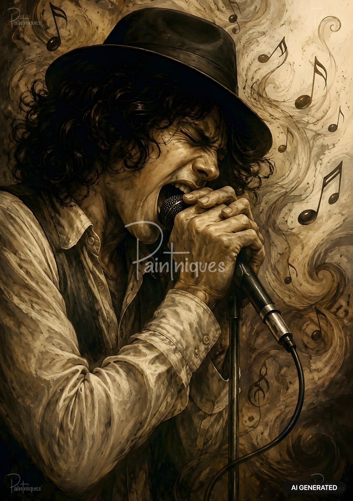Sepia-toned artwork of a person in a hat, singing passionately into a mic with musical notes swirling around them.