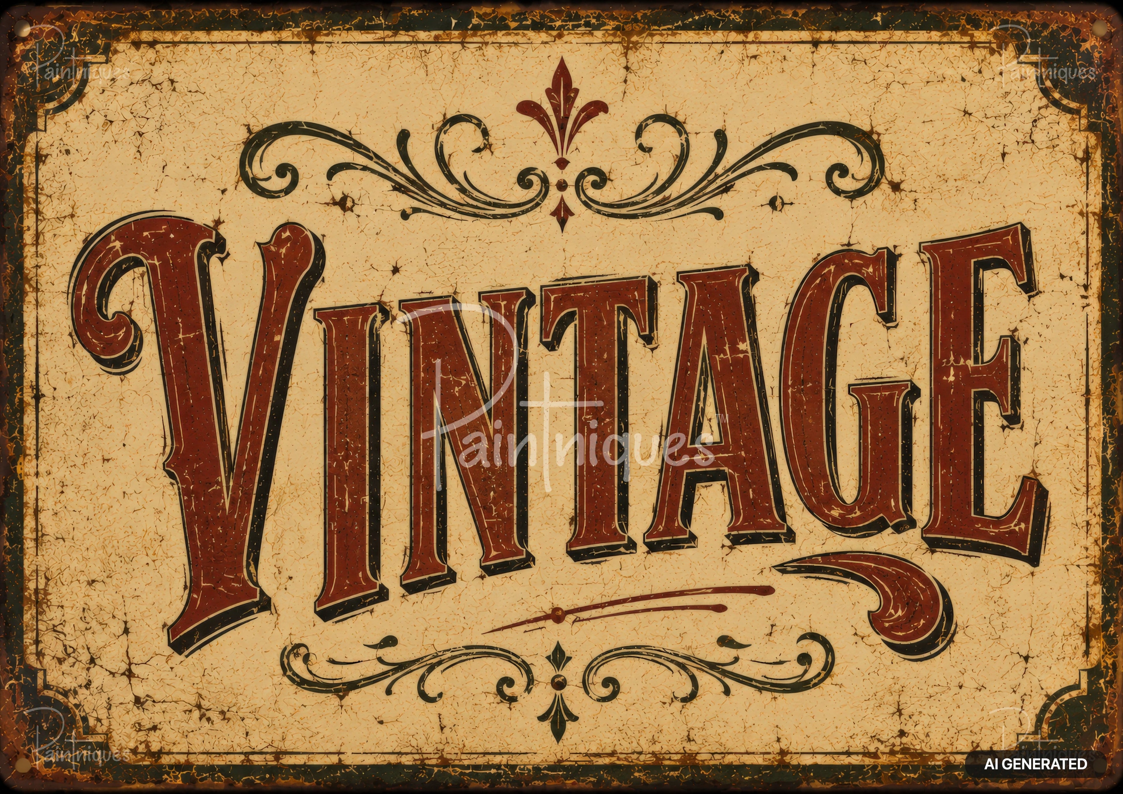 A vintage-style sign with "VINTAGE" in distressed red and black ornate letters, surrounded by black and red scrolls.