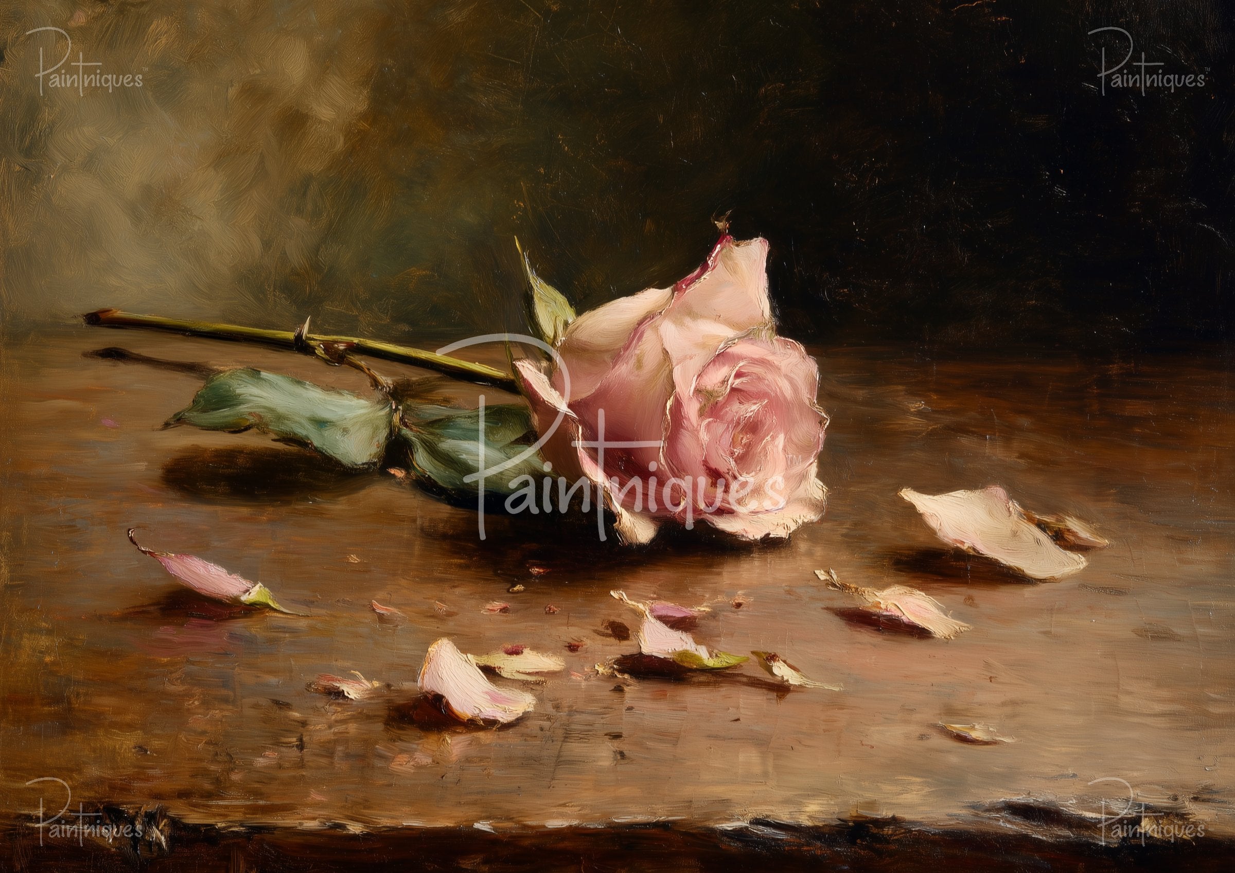 Pale pink rose with stem and green leaves lying on a wooden surface, scattered petals and a dark textured background.