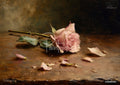 Oil painting of a pink rose with a green stem and several fallen petals on a wooden surface against a dark background.