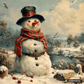 A smiling snowman wearing a black top hat, red scarf, and brown belt, standing in a snowy winter landscape.