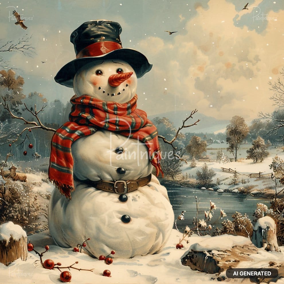 A smiling snowman wearing a black top hat, red scarf, and brown belt, standing in a snowy winter landscape.