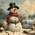 A cheerful snowman in a red scarf, black hat, and brown belt stands in a snowy winter landscape with bare trees and a river.