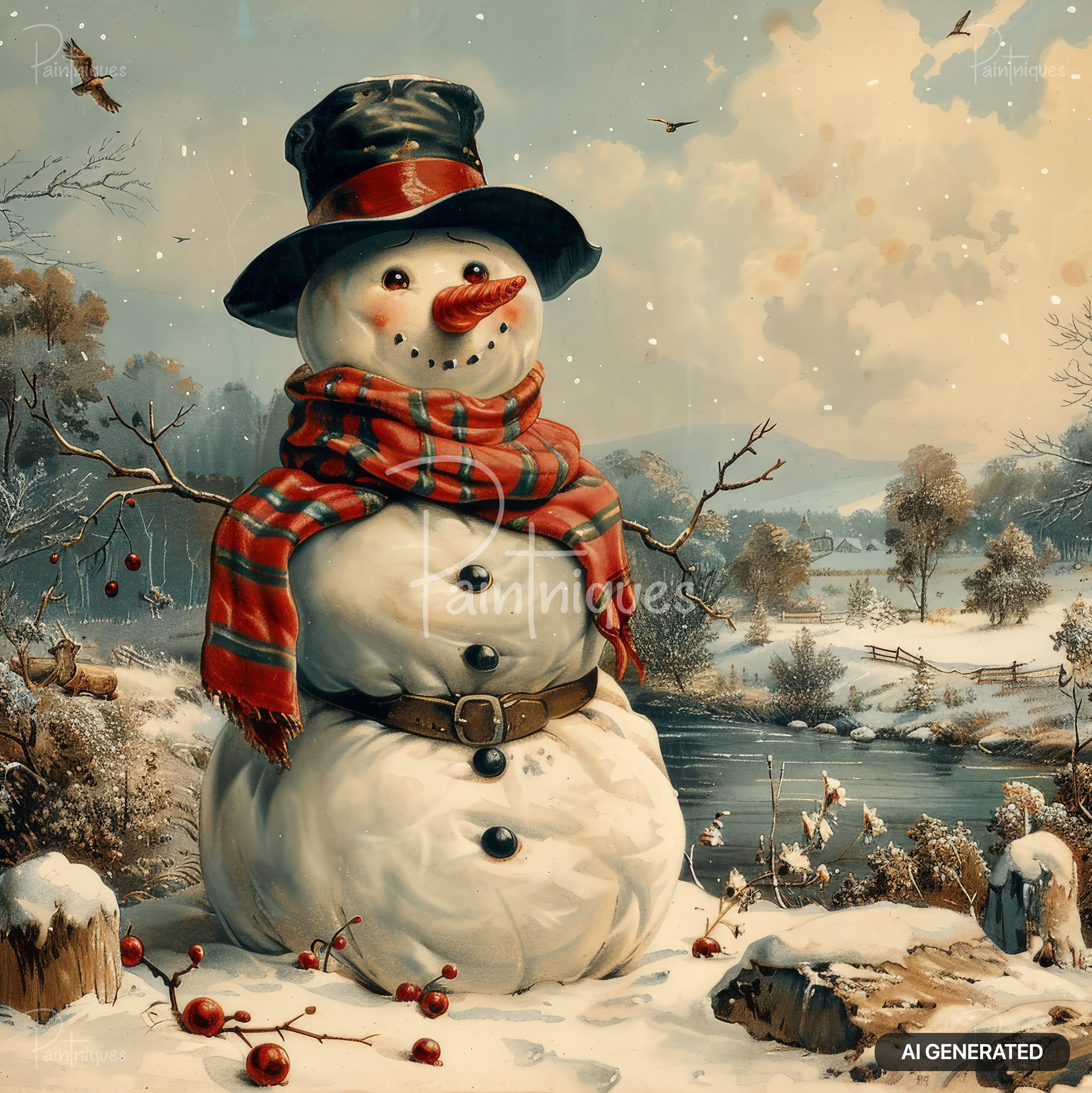 A cheerful snowman in a red scarf, black hat, and brown belt stands in a snowy winter landscape with bare trees and a river.