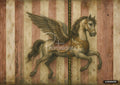 A carousel horse with wings. Its body is light brown, with a darker brown mane and tail. It has a gold harness.