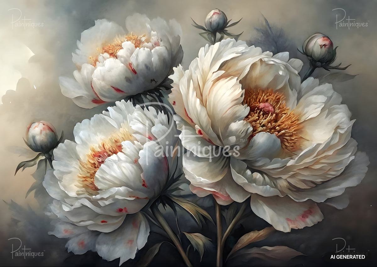 Oil painting of white peonies with creamy and golden centers, and faint red tips on some petals, against a misty background.