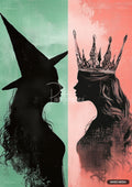 A split image with a witch's silhouette on a mint background and a queen's silhouette on a coral background.