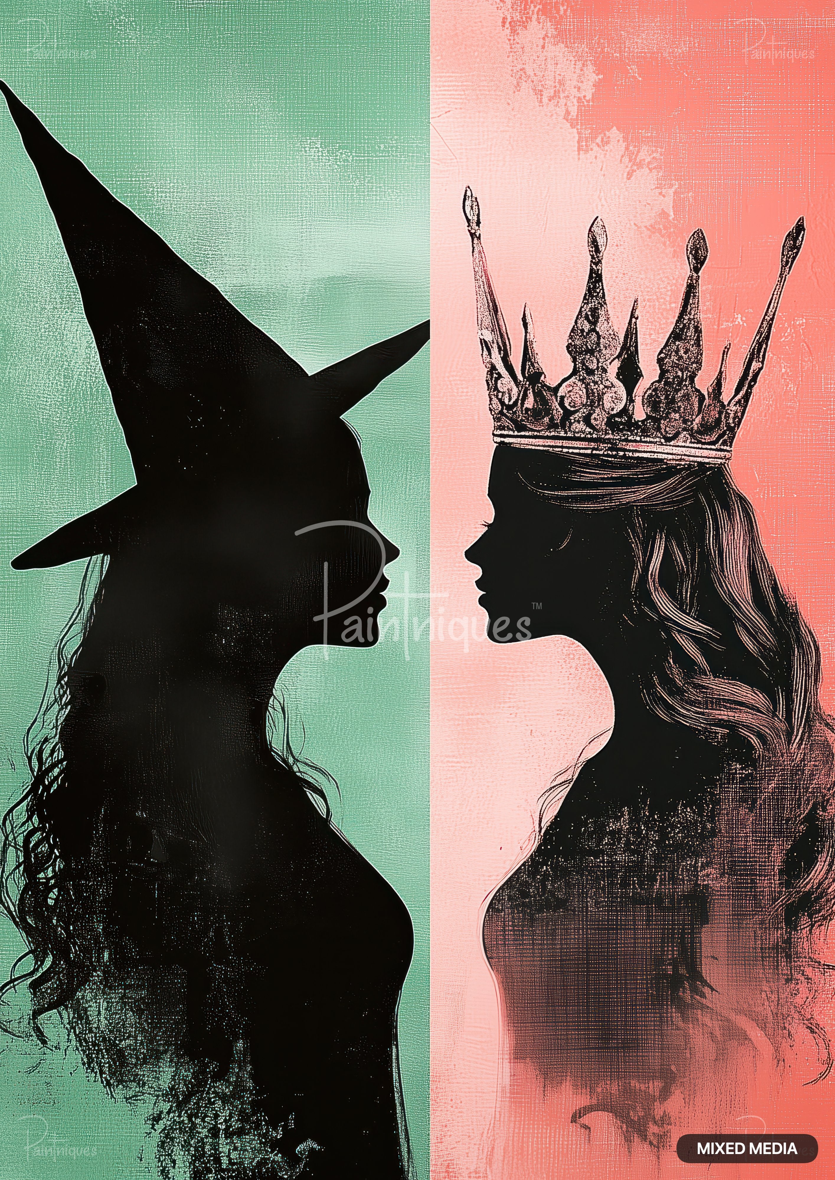 A split image with a witch's silhouette on a mint background and a queen's silhouette on a coral background.
