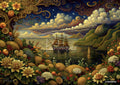 Vibrant painting of a sailing ship on water, surrounded by lush, fantastical plants and flowers under a starry, cloudy sky.