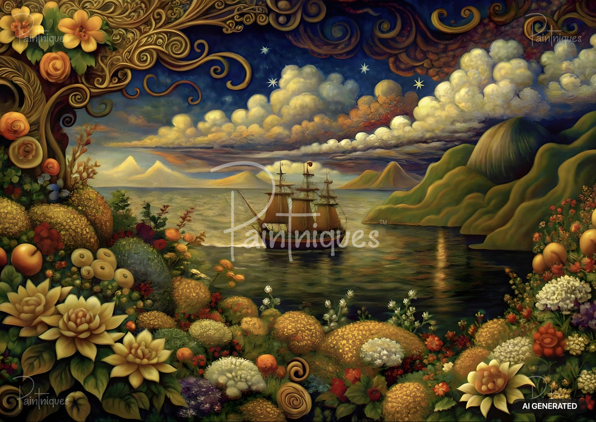 Vibrant painting of a sailing ship on water, surrounded by lush, fantastical plants and flowers under a starry, cloudy sky.