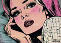 Pop art woman with pink hair and fair skin, rosy cheeks, dark eyes, and dark red lips, resting her head on a hand.