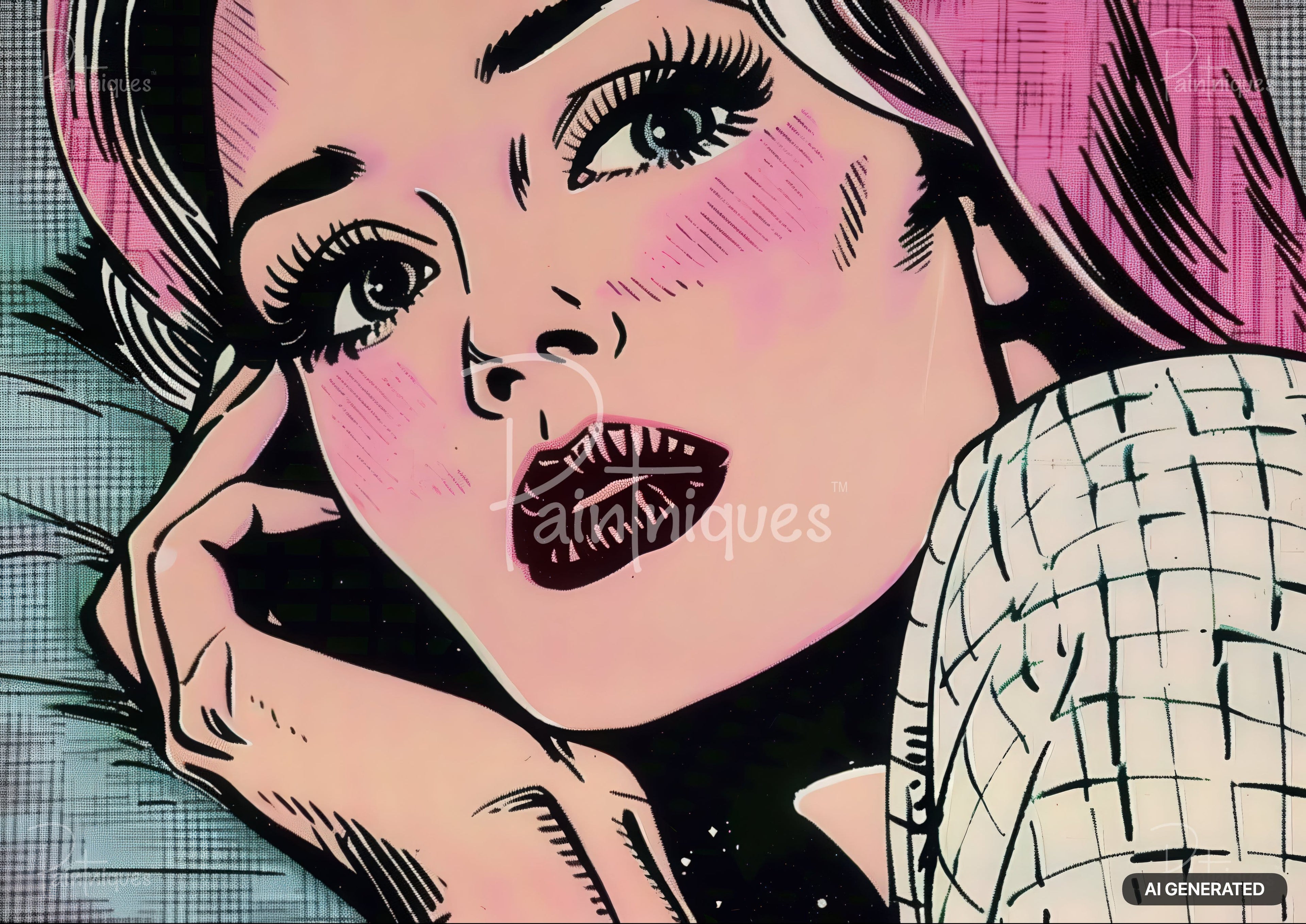 Pop art woman with pink hair and fair skin, rosy cheeks, dark eyes, and dark red lips, resting her head on a hand.