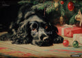 Oil painting of a black spaniel with rich brown eyes, lying on a floor by a decorated Christmas tree.