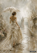 A woman in a white lace dress with a matching umbrella walks barefoot in the rain down a stone path.
