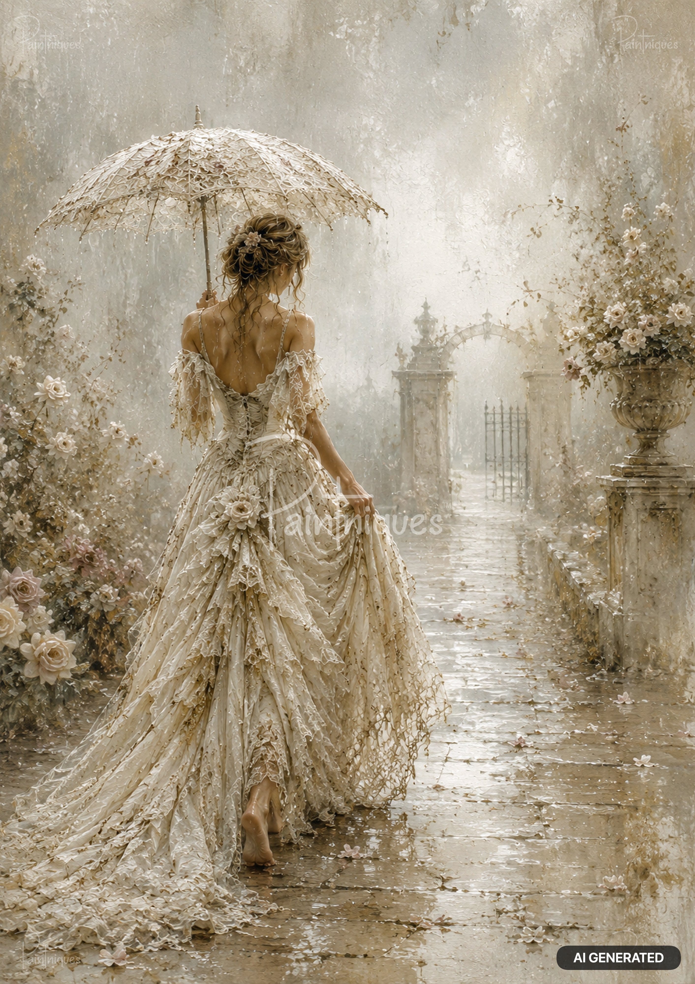 A woman in a white lace dress with a matching umbrella walks barefoot in the rain down a stone path.