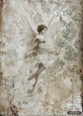 Vintage artwork of a winged fairy with curly hair, wearing a flowing, decorative dress. She poses against a distressed background with damask patterns.