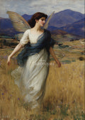 Woman with translucent fairy wings in white dress and blue shawl walking through golden field with purple mountains.