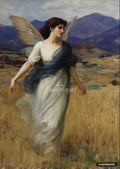 Painting of an angel with iridescent wings and a blue and white gown, walking through a field of tall grass.