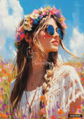 A woman with a flower crown and sunglasses in a field of colorful wildflowers, under a blue sky. Oil painting.