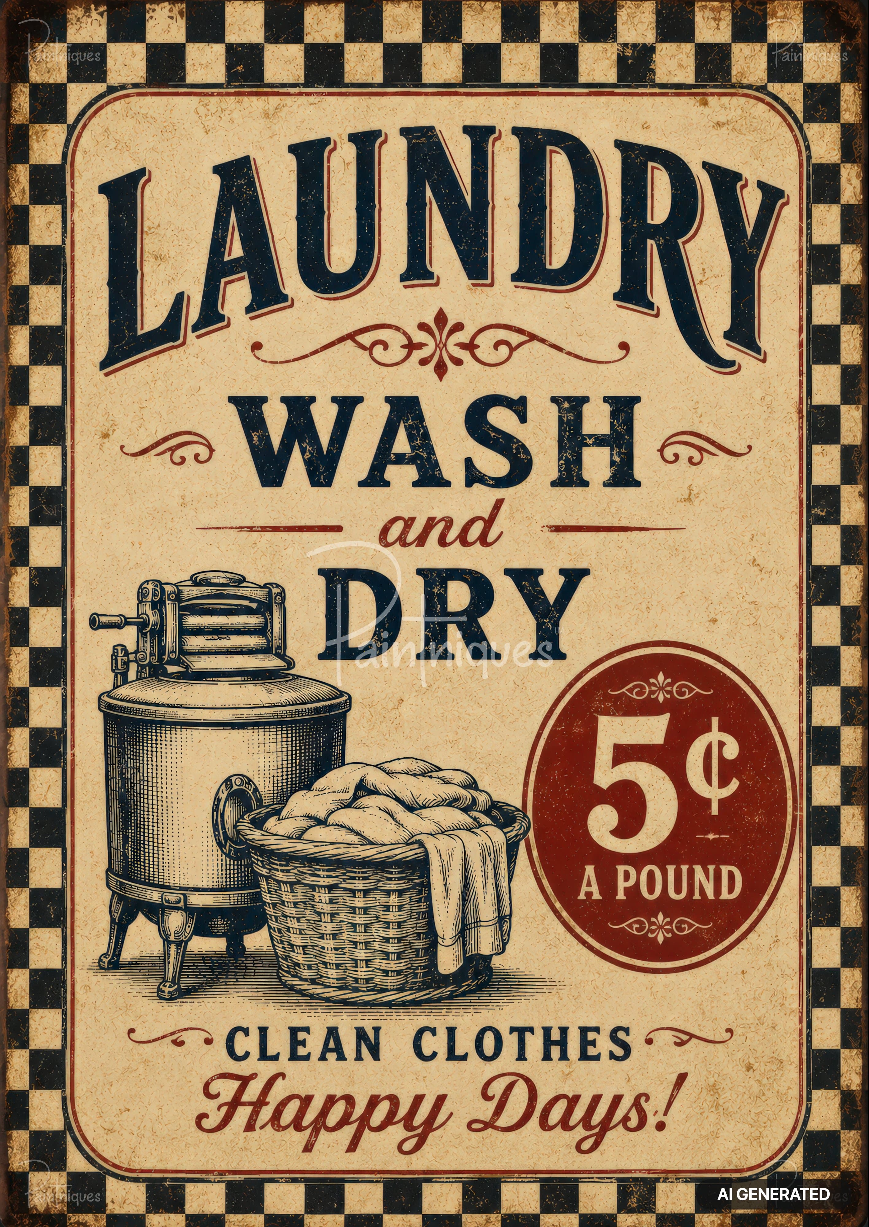 Vintage laundry sign with "LAUNDRY WASH and DRY", a wringer washing machine, laundry basket, and "5¢ A POUND".
