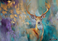 Painting of a deer with large antlers, set against an abstract background of gold leaves, purple, and teal colors.