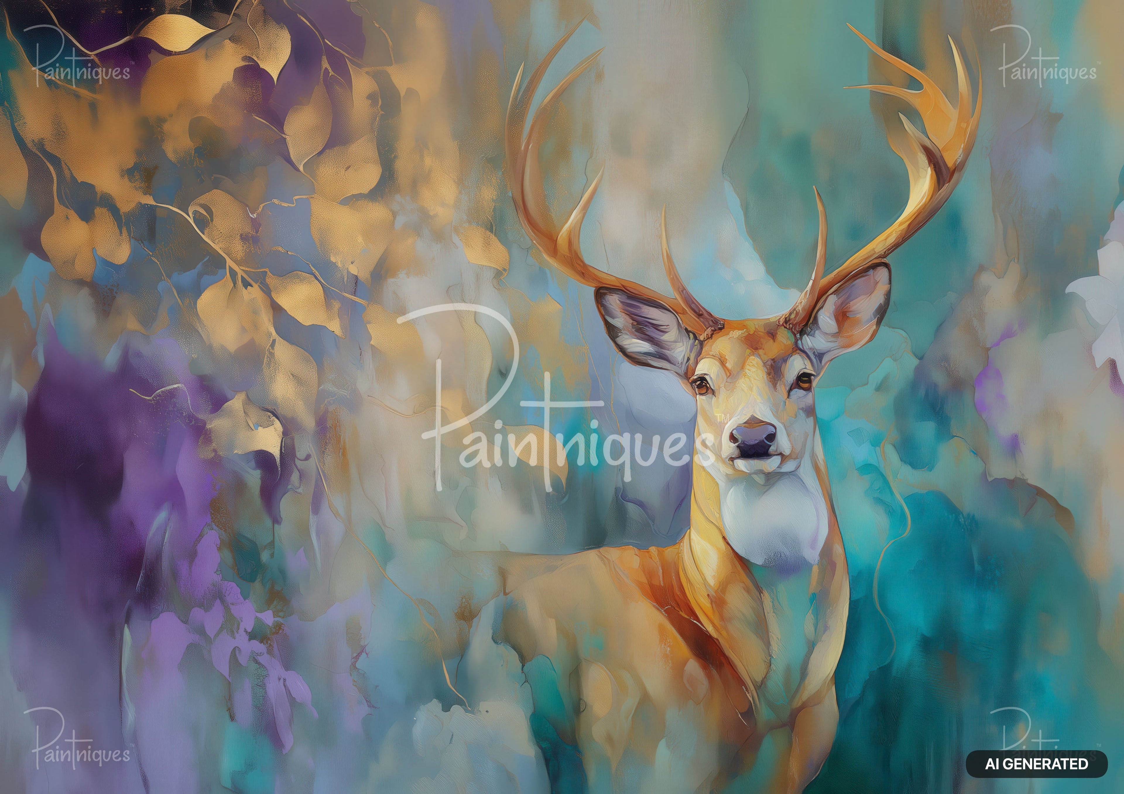 Painting of a deer with large antlers, set against an abstract background of gold leaves, purple, and teal colors.