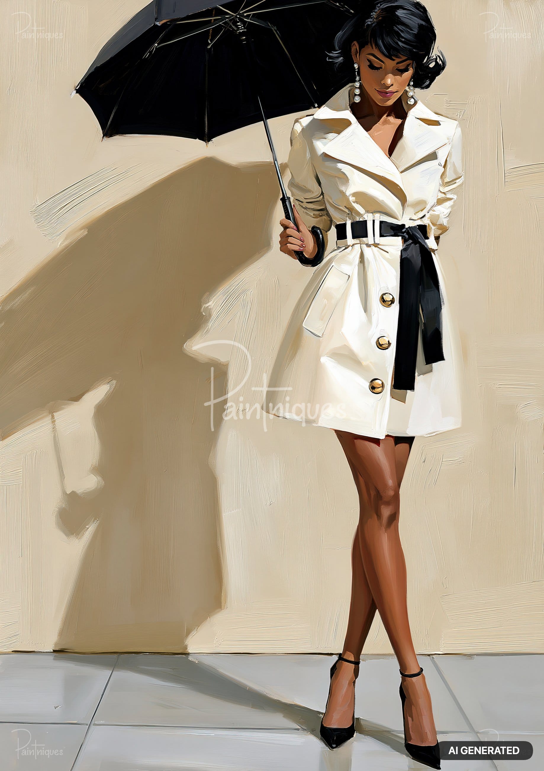 A woman in a cream trench coat with a black belt holds a black umbrella, her shadow cast on the wall.
