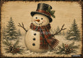 A vintage-style snowman with a top hat and red plaid scarf, standing in a snowy landscape with pine trees and pinecones.