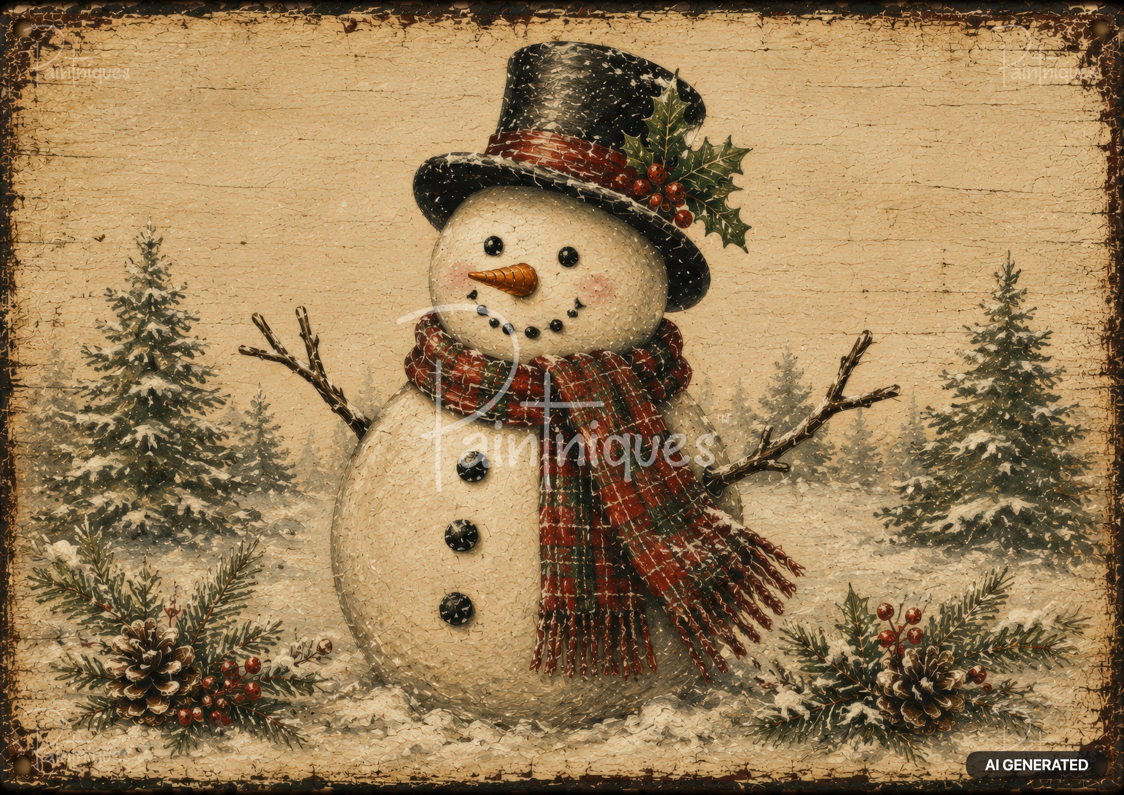 A vintage-style snowman with a top hat and red plaid scarf, standing in a snowy landscape with pine trees and pinecones.
