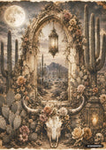Desert archway of roses and saguaro cacti under a full moon, with a lantern and bull skull.