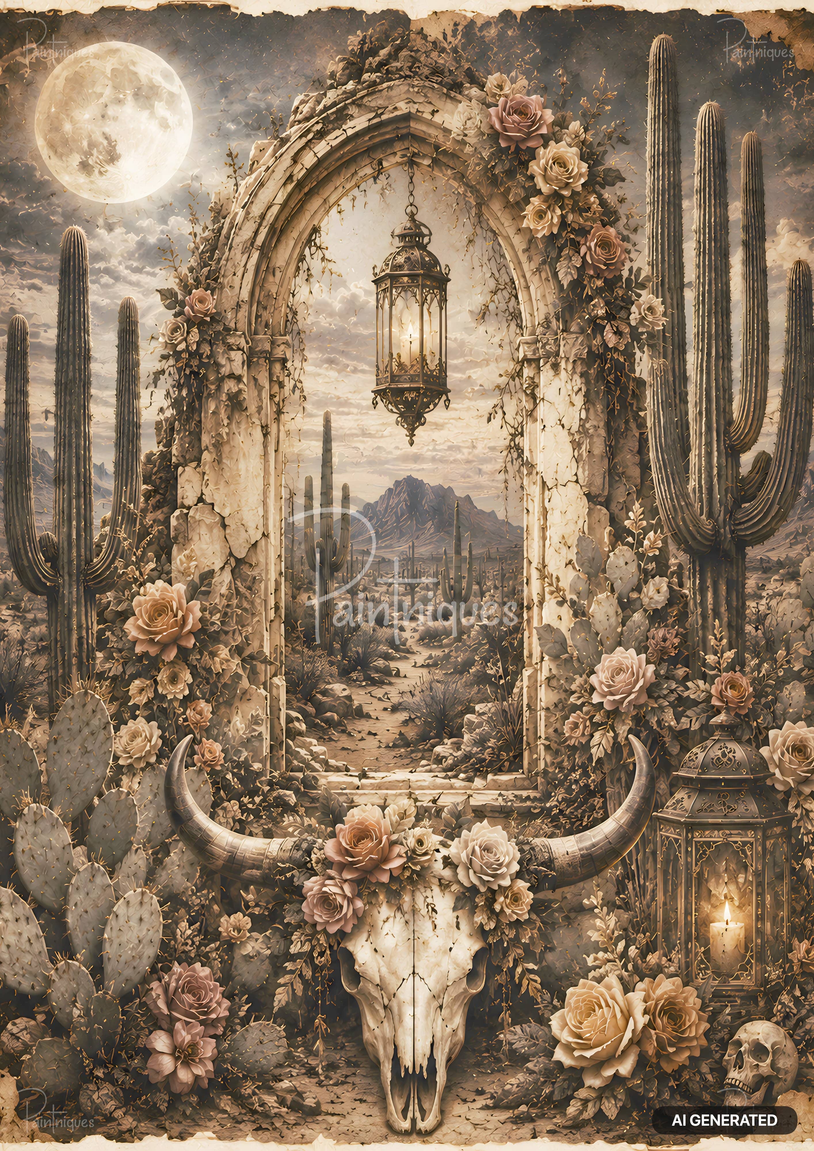 Desert archway of roses and saguaro cacti under a full moon, with a lantern and bull skull.