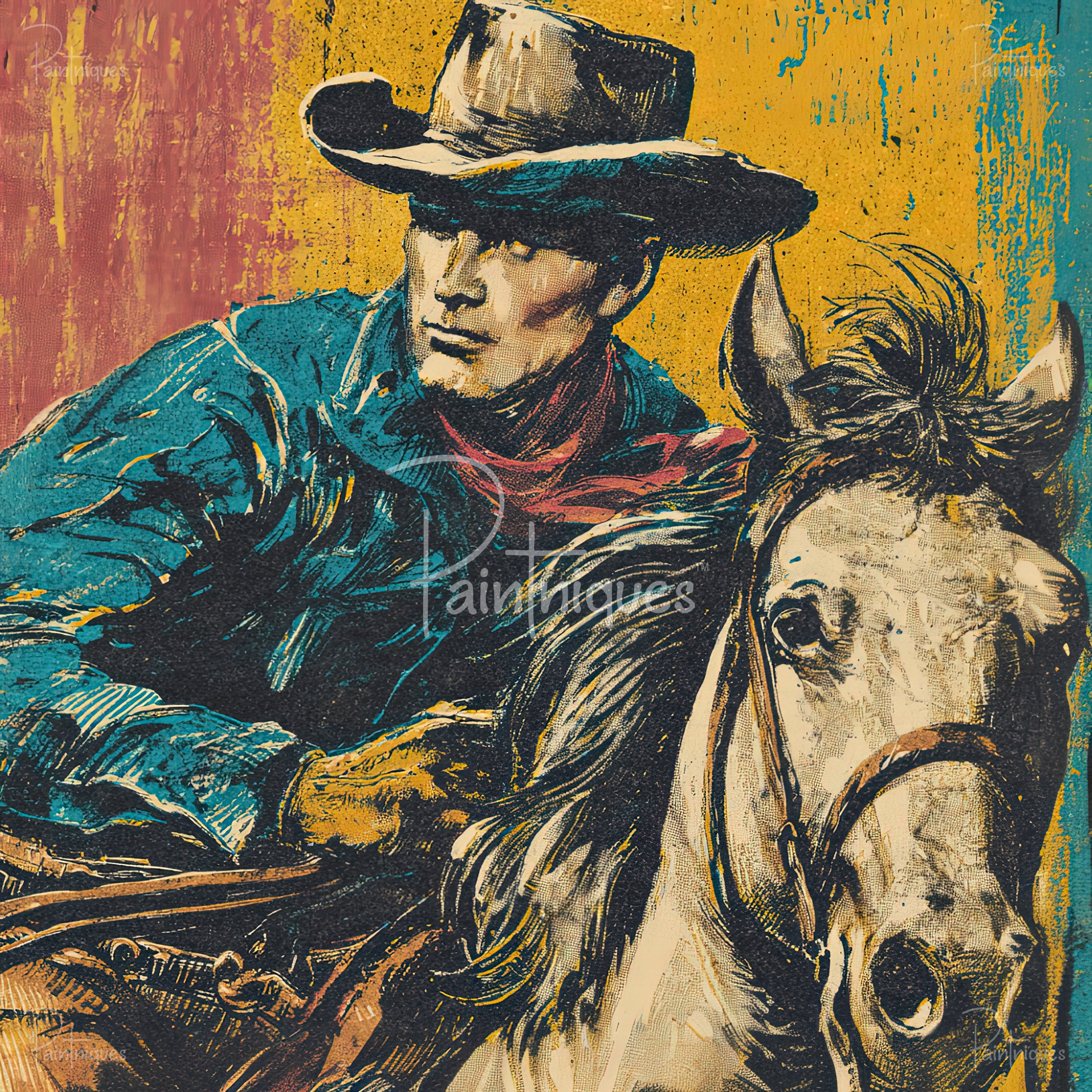 Textured vintage-style illustration of a cowboy in a wide hat riding a horse on teal and mustard painted background
