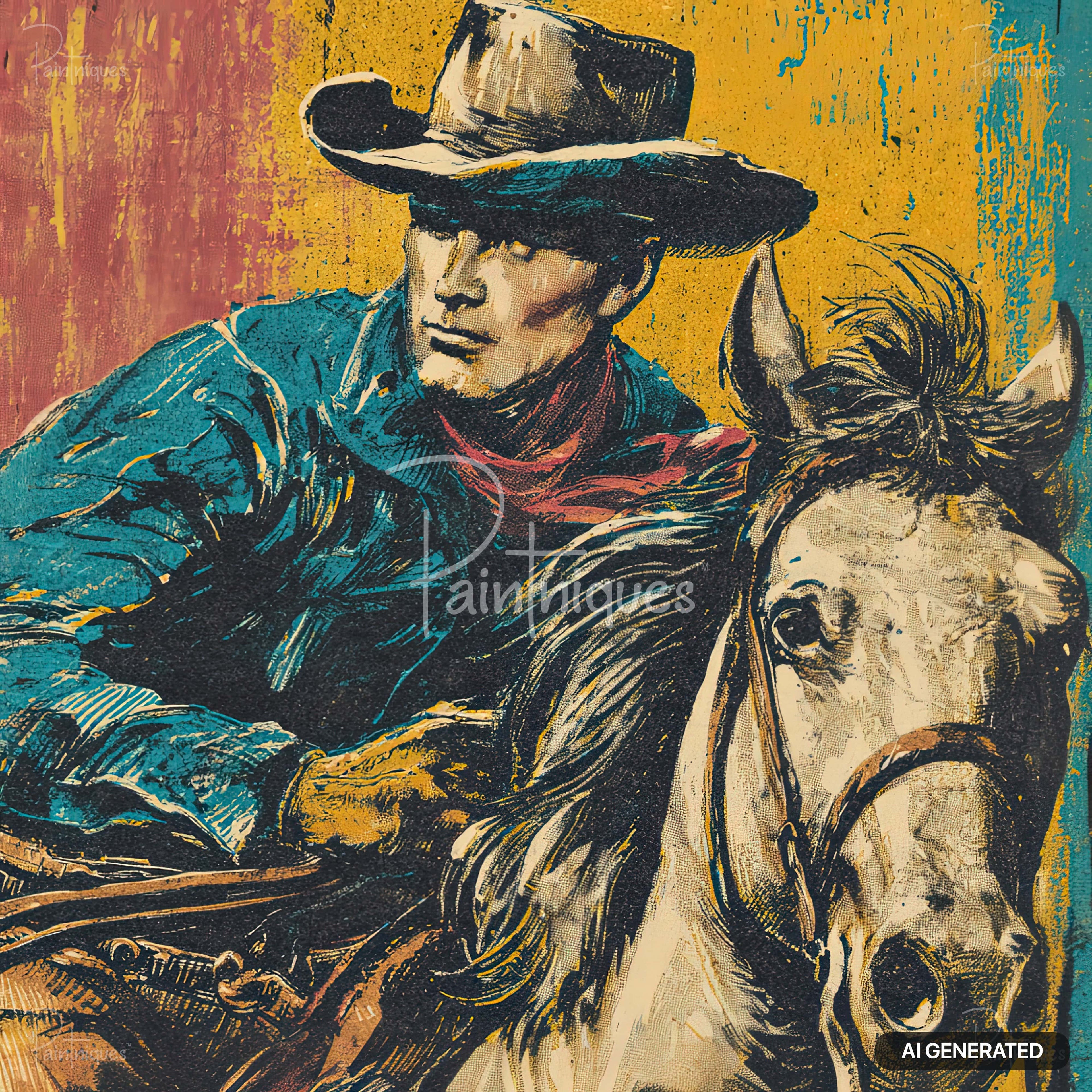 An illustration of a cowboy in a hat and blue shirt riding a horse. The background is yellow, red, and blue.