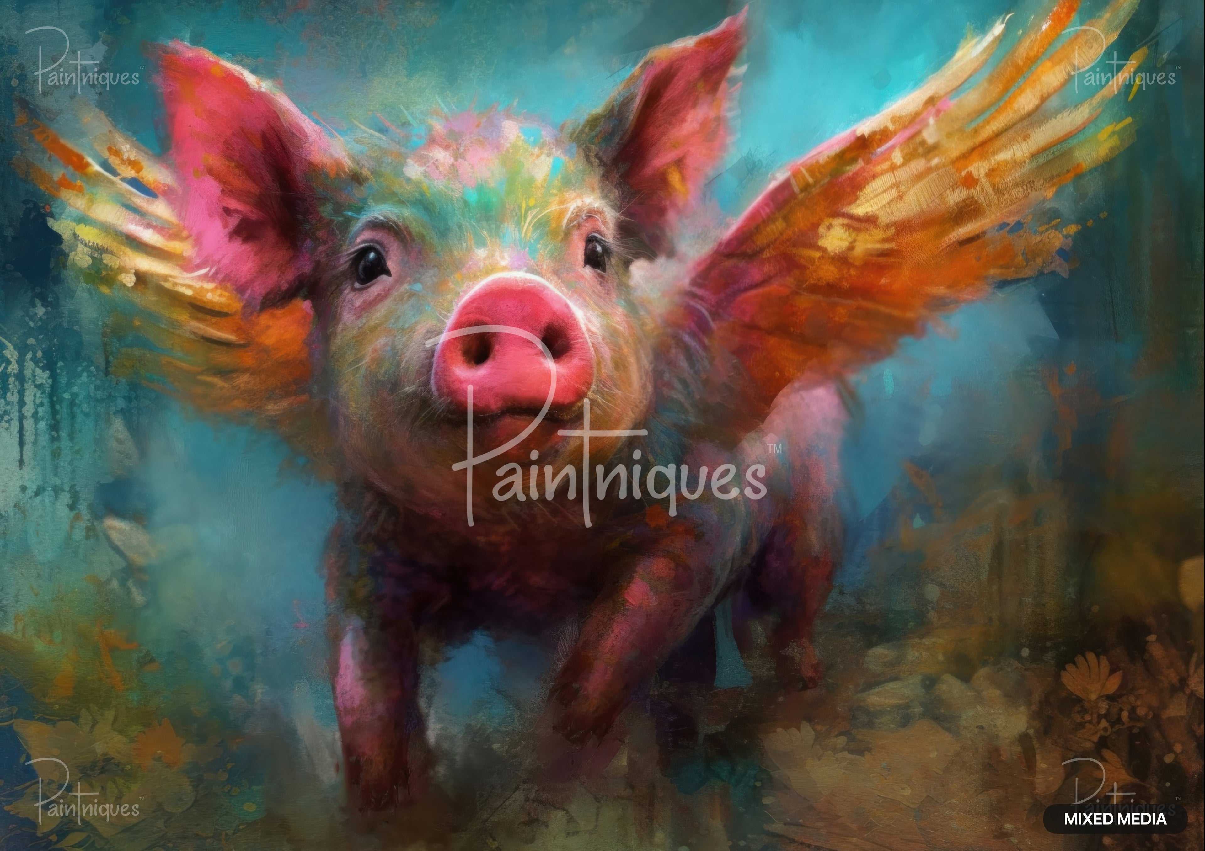 A vibrant, painterly pig with large, salmon-pink ears and a fuchsia snout. Golden leaves sprout, wing-like, from its back.