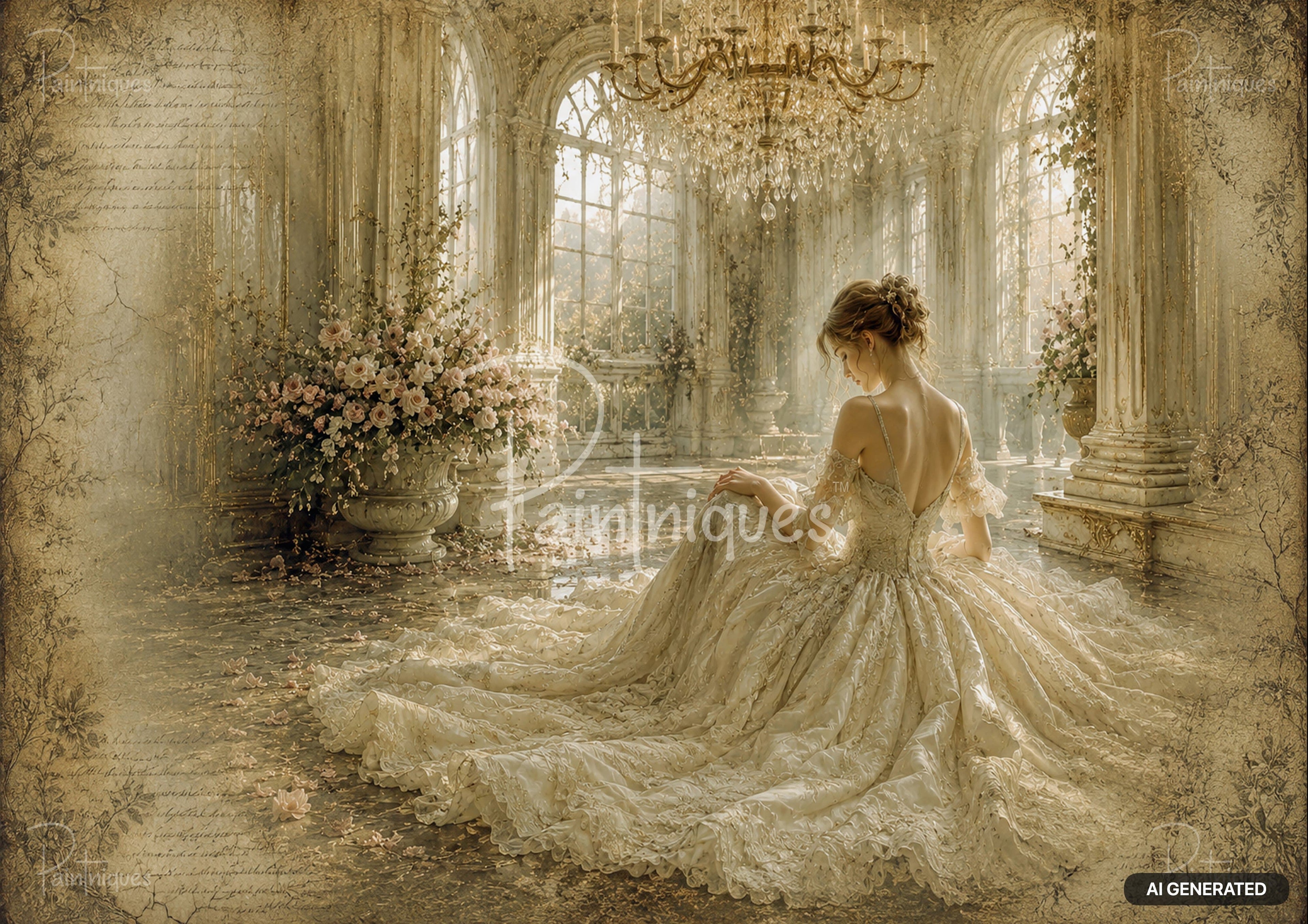 A woman in a cream ball gown sits on a marble floor in a grand room with large arched windows, flowers, and chandeliers.