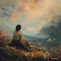 Painting of a woman from behind, sitting in a field of wildflowers, looking out at misty hills under a colorful sky.