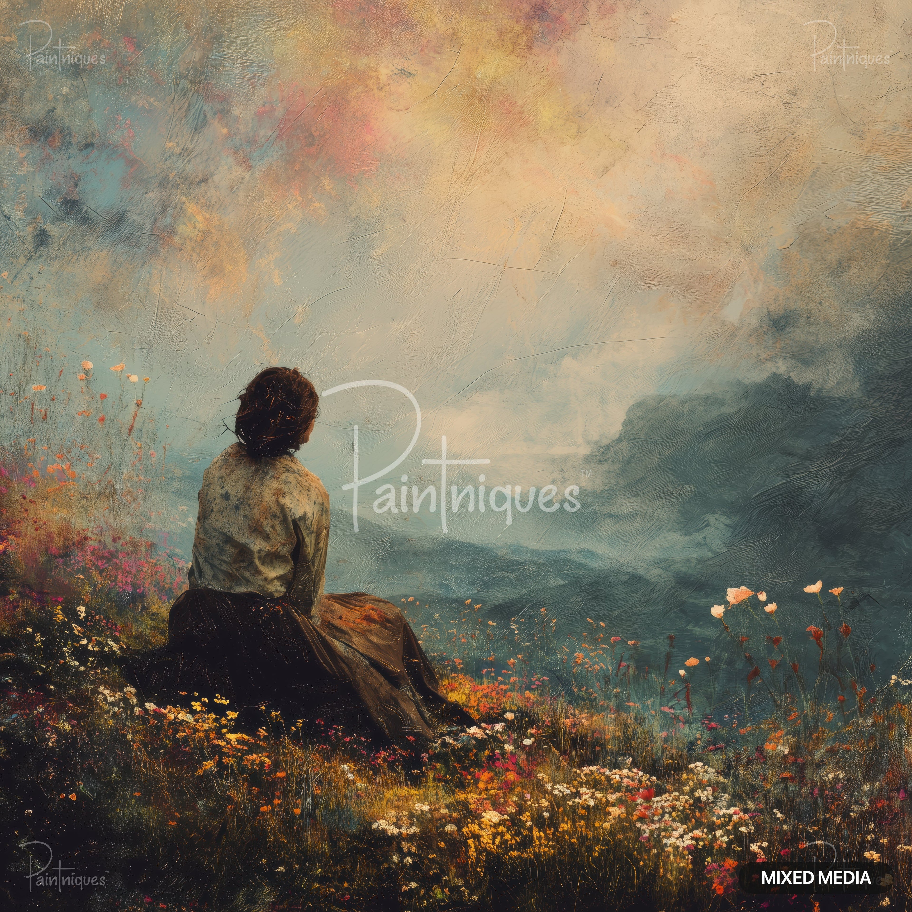 Painting of a woman from behind, sitting in a field of wildflowers, looking out at misty hills under a colorful sky.