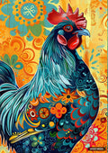 A decorative rooster in vibrant blue and orange hues, with tribal pattern flowers and swirls, on a yellow and blue background.