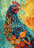 A colorful rooster, depicted with blue and orange feathers featuring floral patterns, against a background of green and yellow swirls.