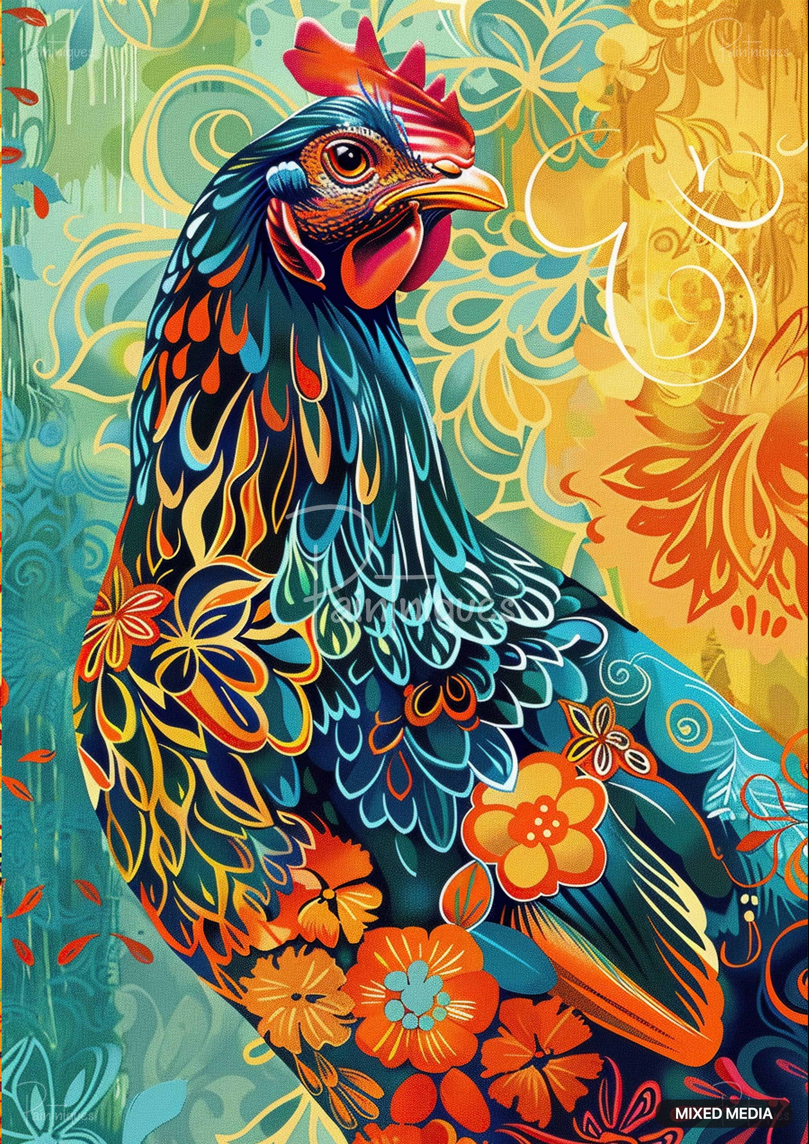 A colorful rooster, depicted with blue and orange feathers featuring floral patterns, against a background of green and yellow swirls.