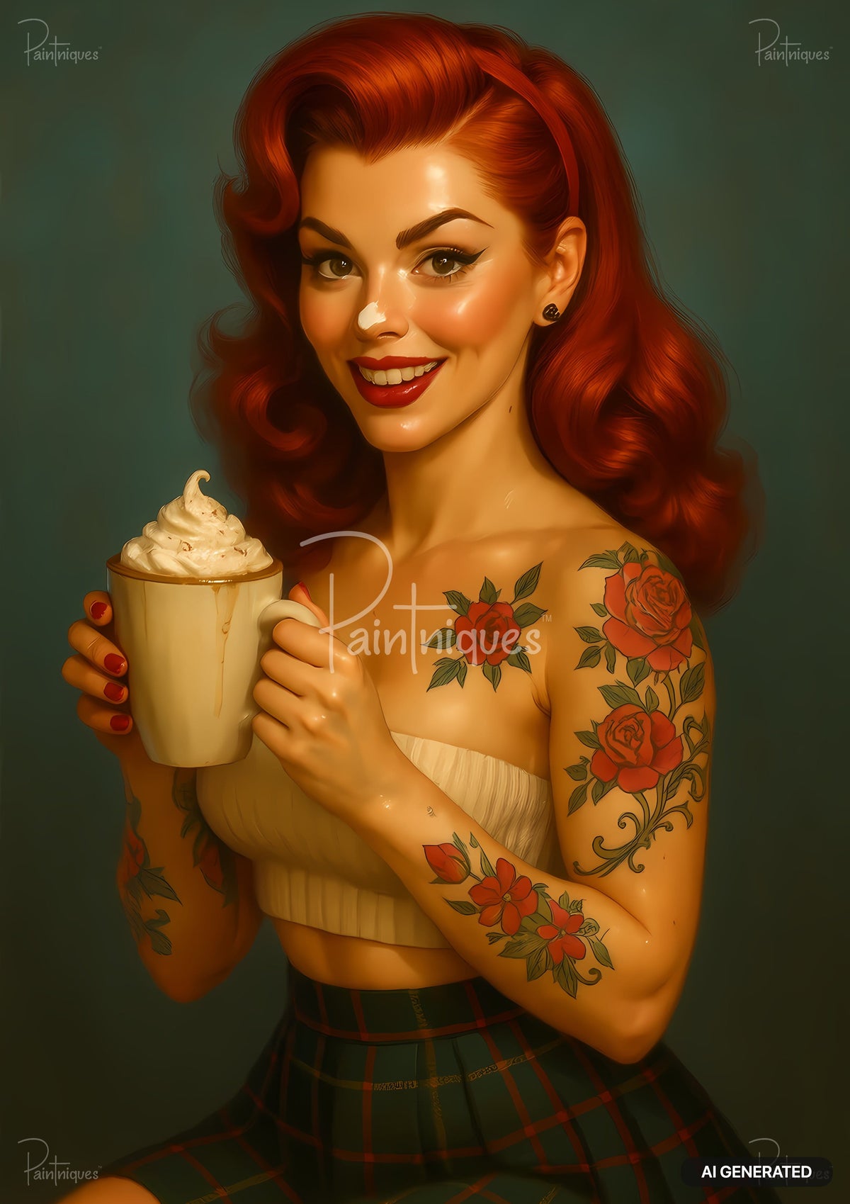 Retro pin-up illustration of a smiling redheaded woman with rose tattoos, holding a mug topped with whipped cream.
