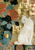 Painting of a white cat beside a vase of red flowers and a wine glass, with gold leaf and patterned tiles.