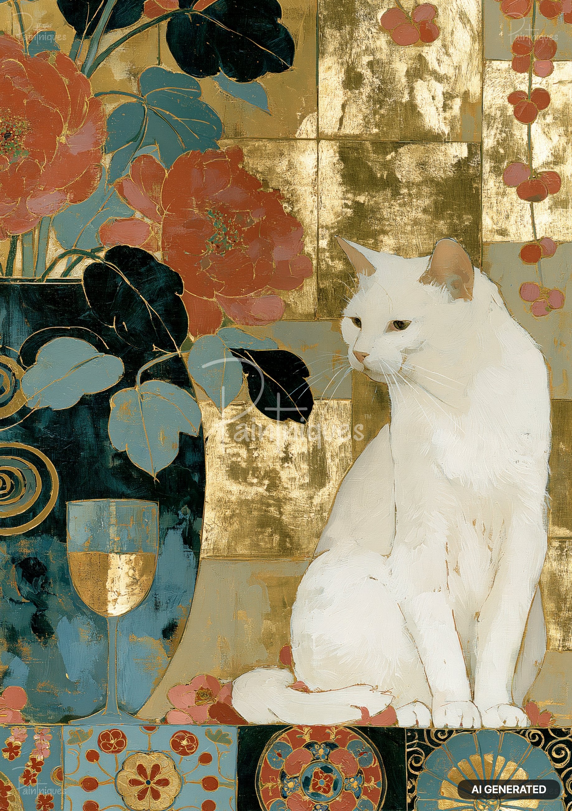 Painting of a white cat beside a vase of red flowers and a wine glass, with gold leaf and patterned tiles.