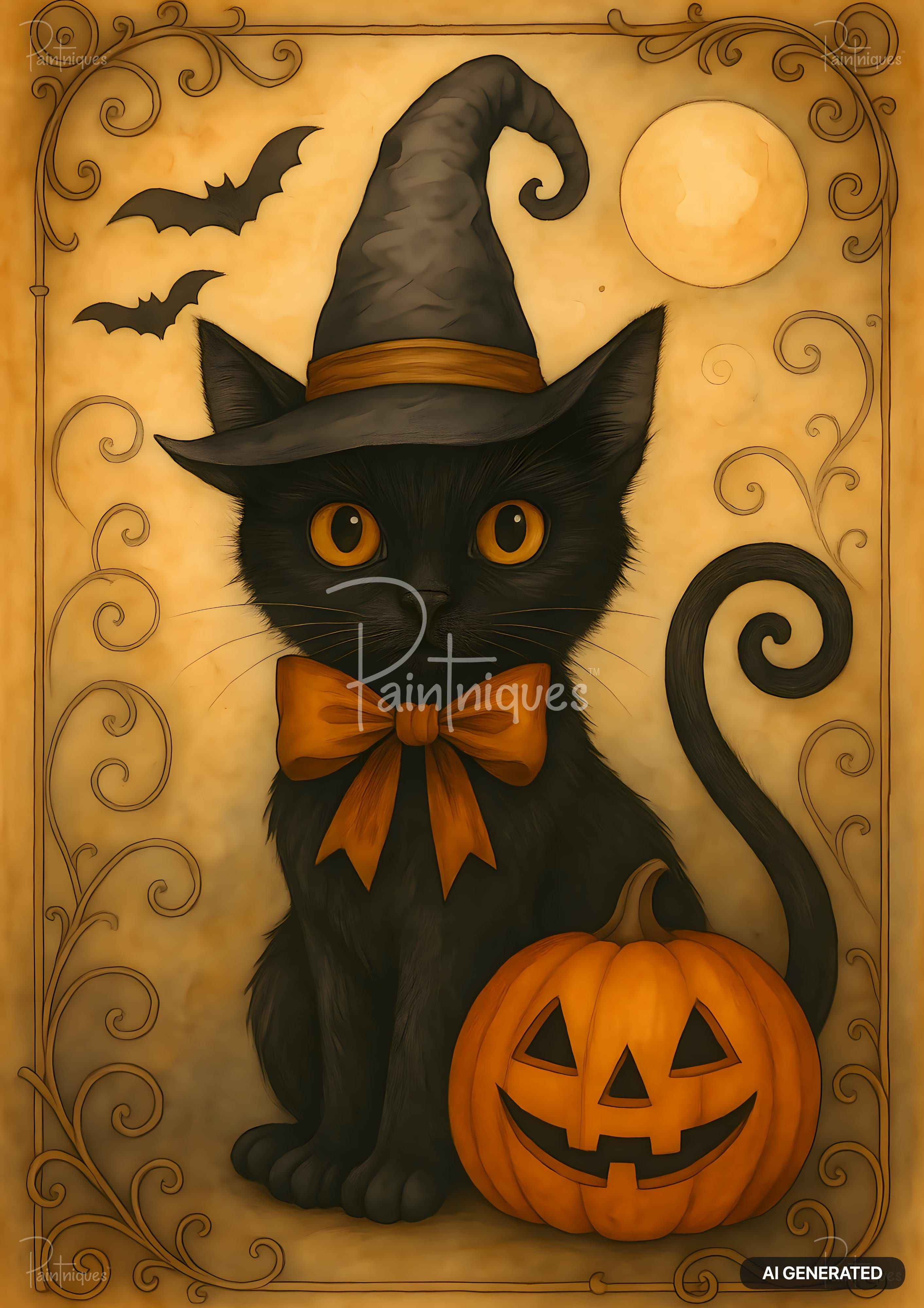A black cat in a witch hat and orange bow tie sits next to a jack-o'-lantern, bats, and a full moon.