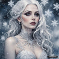 Portrait of a woman with long wavy white hair and an icy snowflake dress against a snowy winter background.