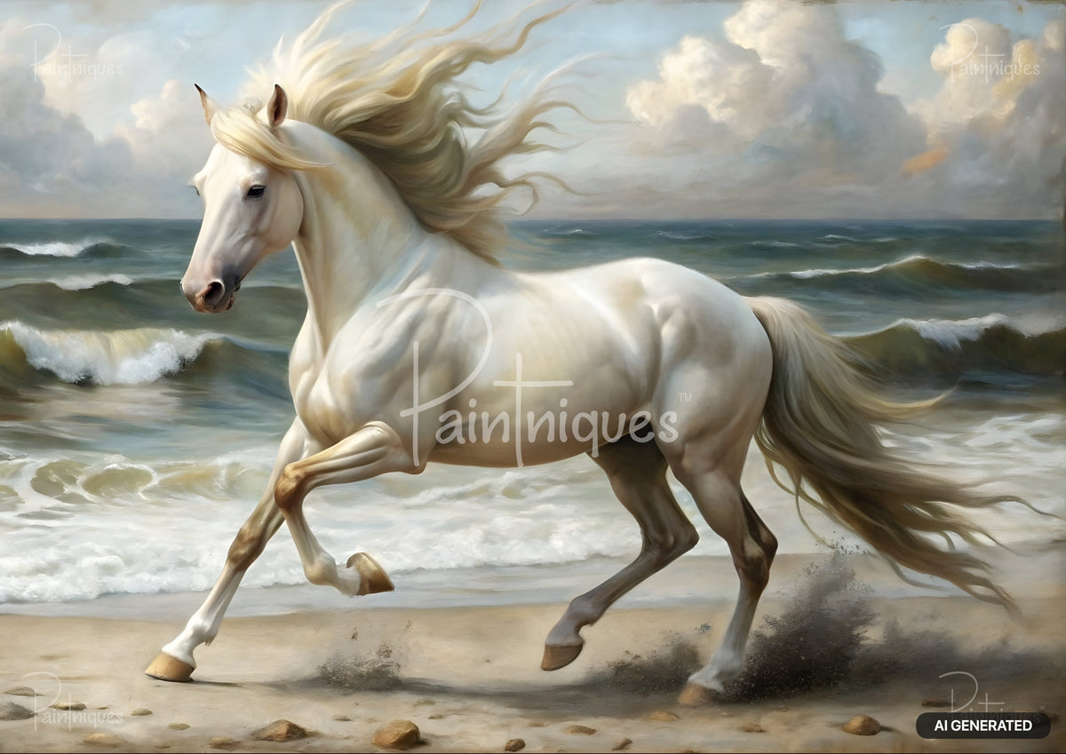 Painting of a majestic white horse with flowing mane galloping along a sandy beach with crashing ocean waves.