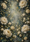 Baroque floral artwork with large white peonies and roses, small white flowers, and green leaves on a textured teal and gold background.