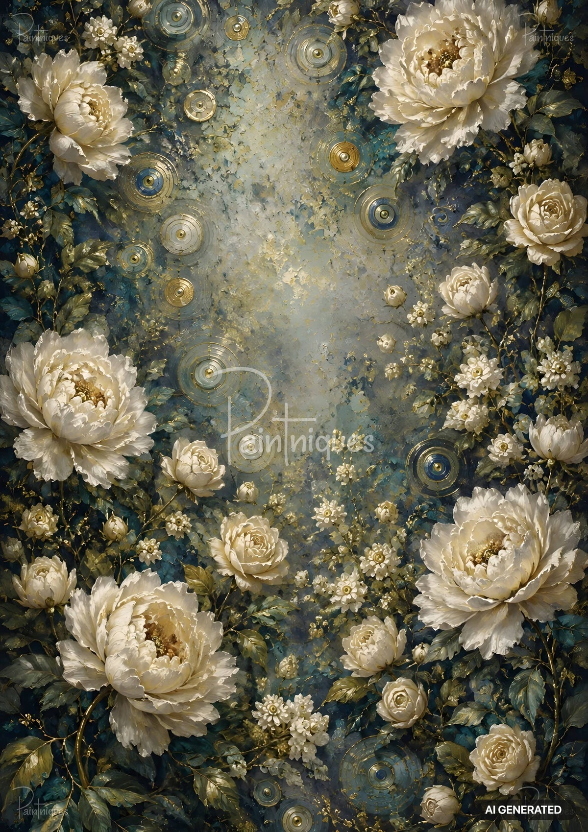 Baroque floral artwork with large white peonies and roses, small white flowers, and green leaves on a textured teal and gold background.